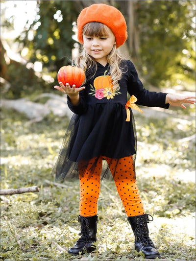 Girls Floral Pumpkin Peplum Tutu Hoodie with Bow & Polka Dot Leggings Set - Girls Fall Casual Set