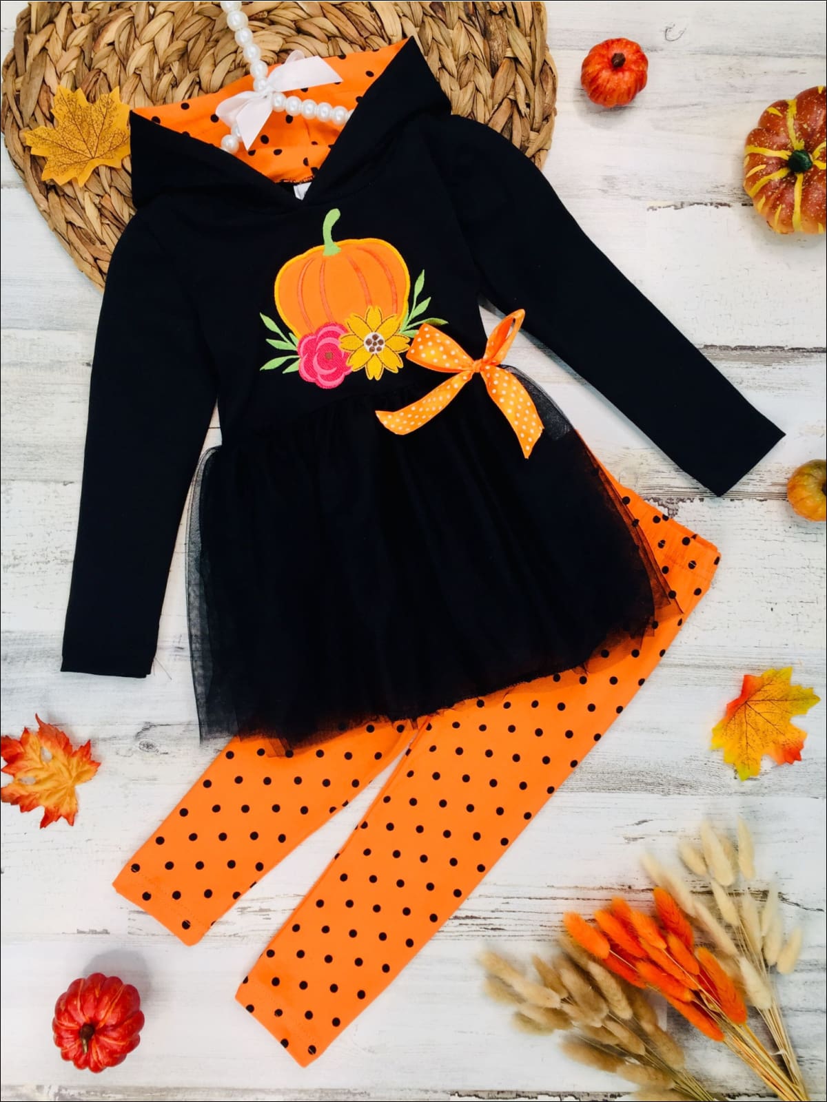Girls Floral Pumpkin Peplum Tutu Hoodie with Bow & Polka Dot Leggings Set - Black / 2T - Girls Fall Casual Set