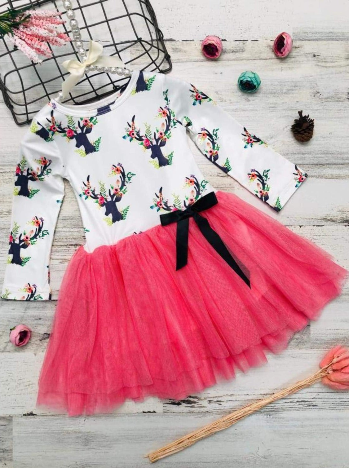 Girls Floral Reindeer Print Long Sleeve Tutu Dress with Bow - Girls Fall Casual Dress