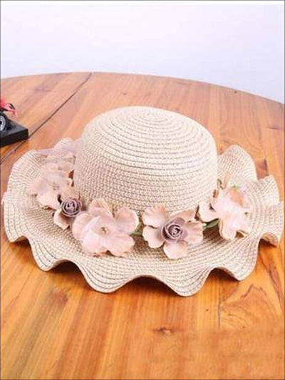 Girls Floral Ruffle Brim Straw Hat - Hats & Caps