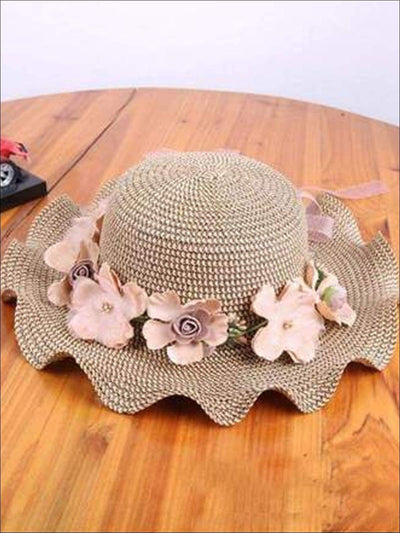 Girls Floral Ruffle Brim Straw Hat - Hats & Caps