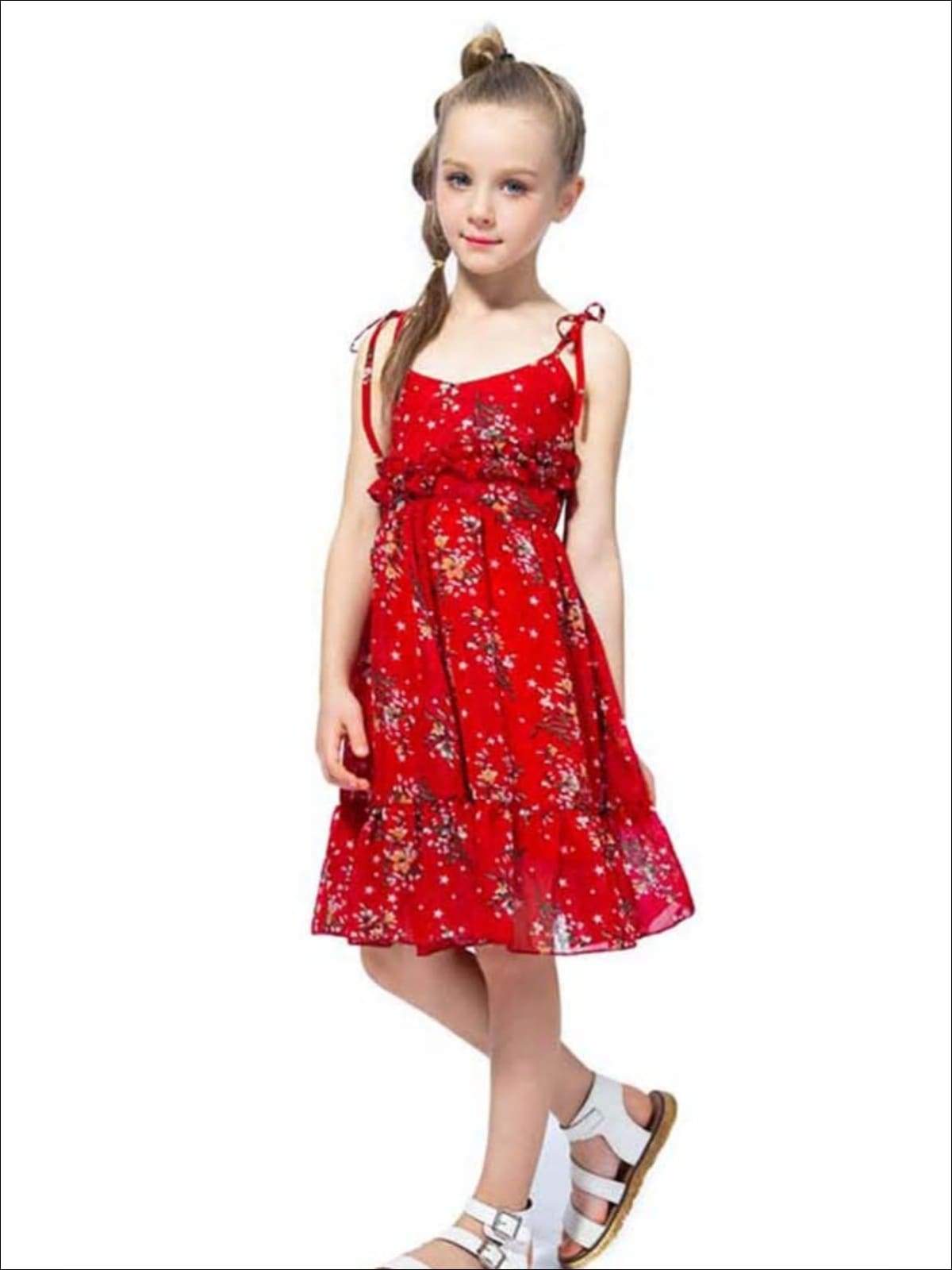 Girls Floral Sheer Ruffled Dress - Red Floral / 3T - Girls Spring Casual Dress