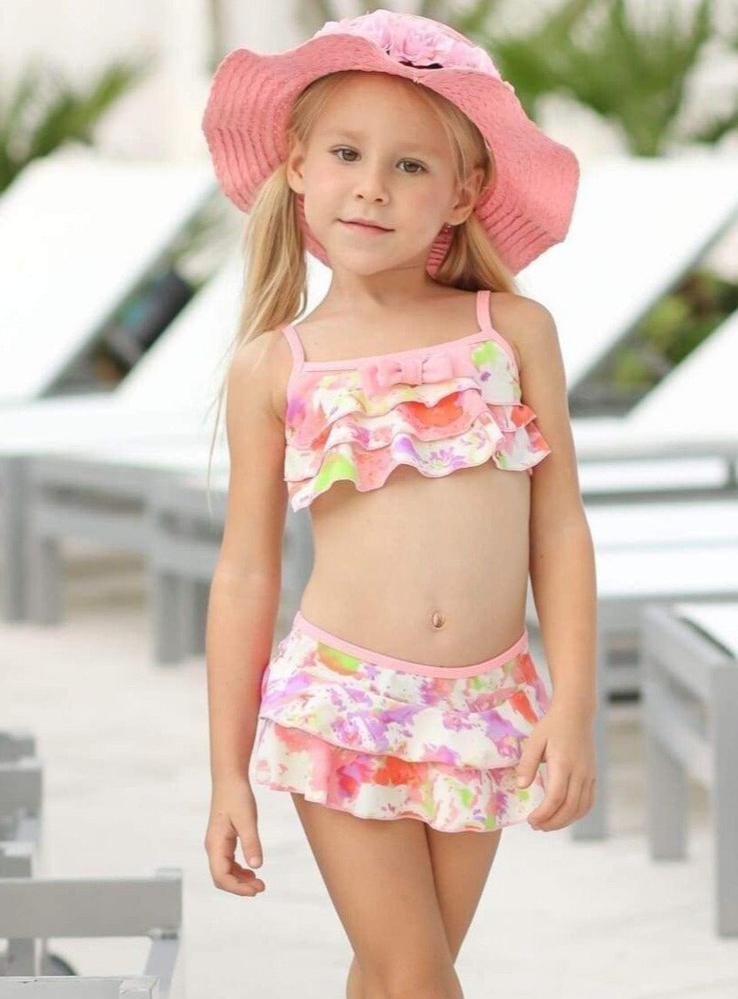 Girls Floral Ruffled Skirted Swimsuit with Bow Detail - Girls Two Piece Swimsuit
