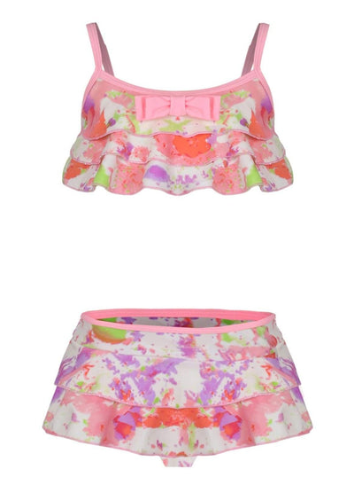 Girls Floral Ruffled Skirted Swimsuit with Bow Detail - Multicolor / 3T - Girls Two Piece Swimsuit