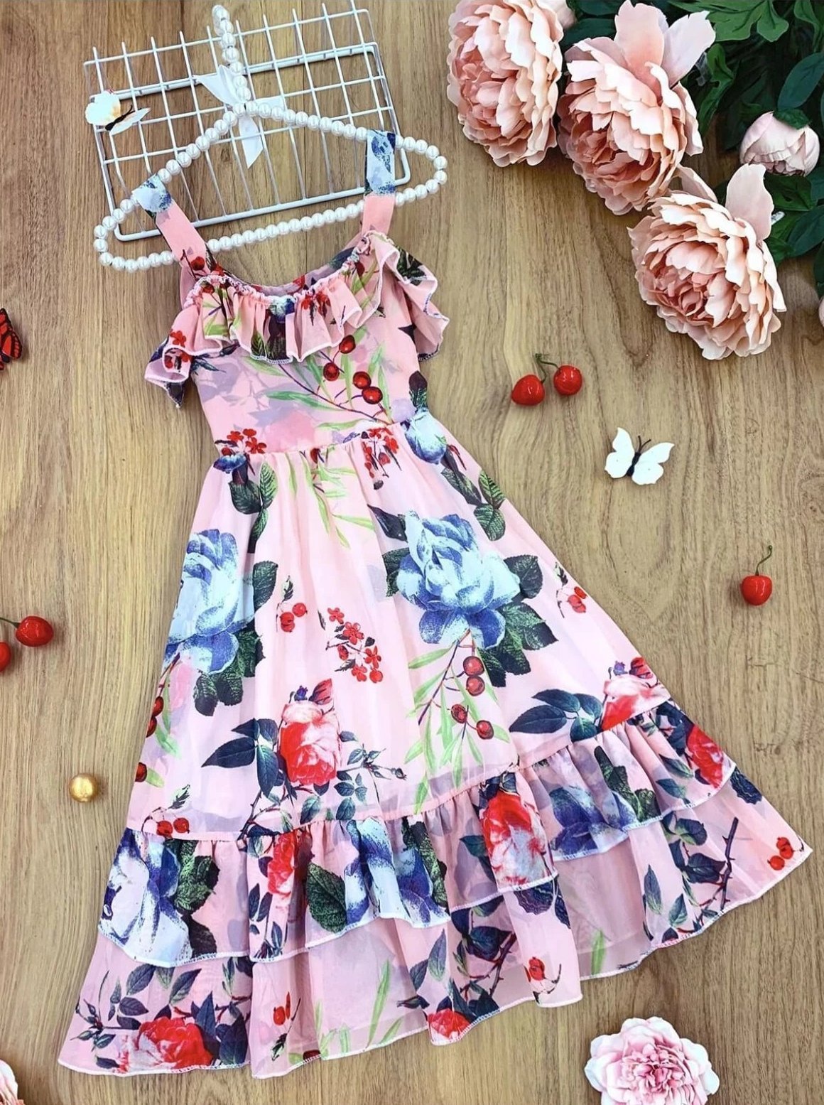 Girls Floral Ruffled Spaghetti Strap Dress - Peach / 3T - Girls Spring Casual Dress