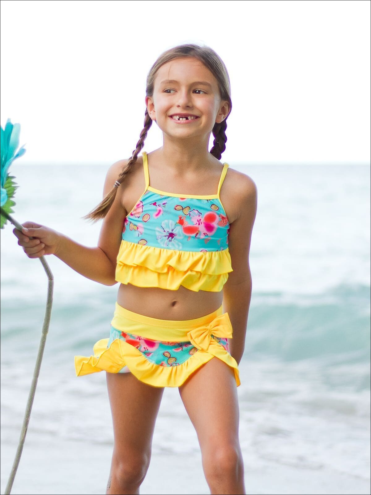 Girls Floral Ruffled Tankini Two Piece Swimsuit - Girls Two Piece Swimsuit