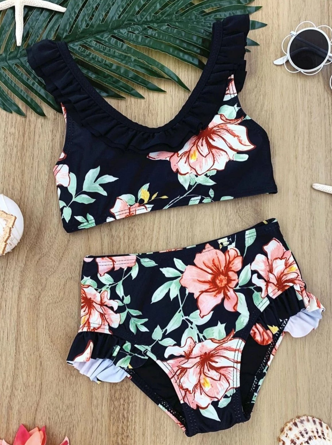 Girls Floral Ruffled Two Piece Swimsuit - Black / 4T - Girls Two Piece Swimsuit