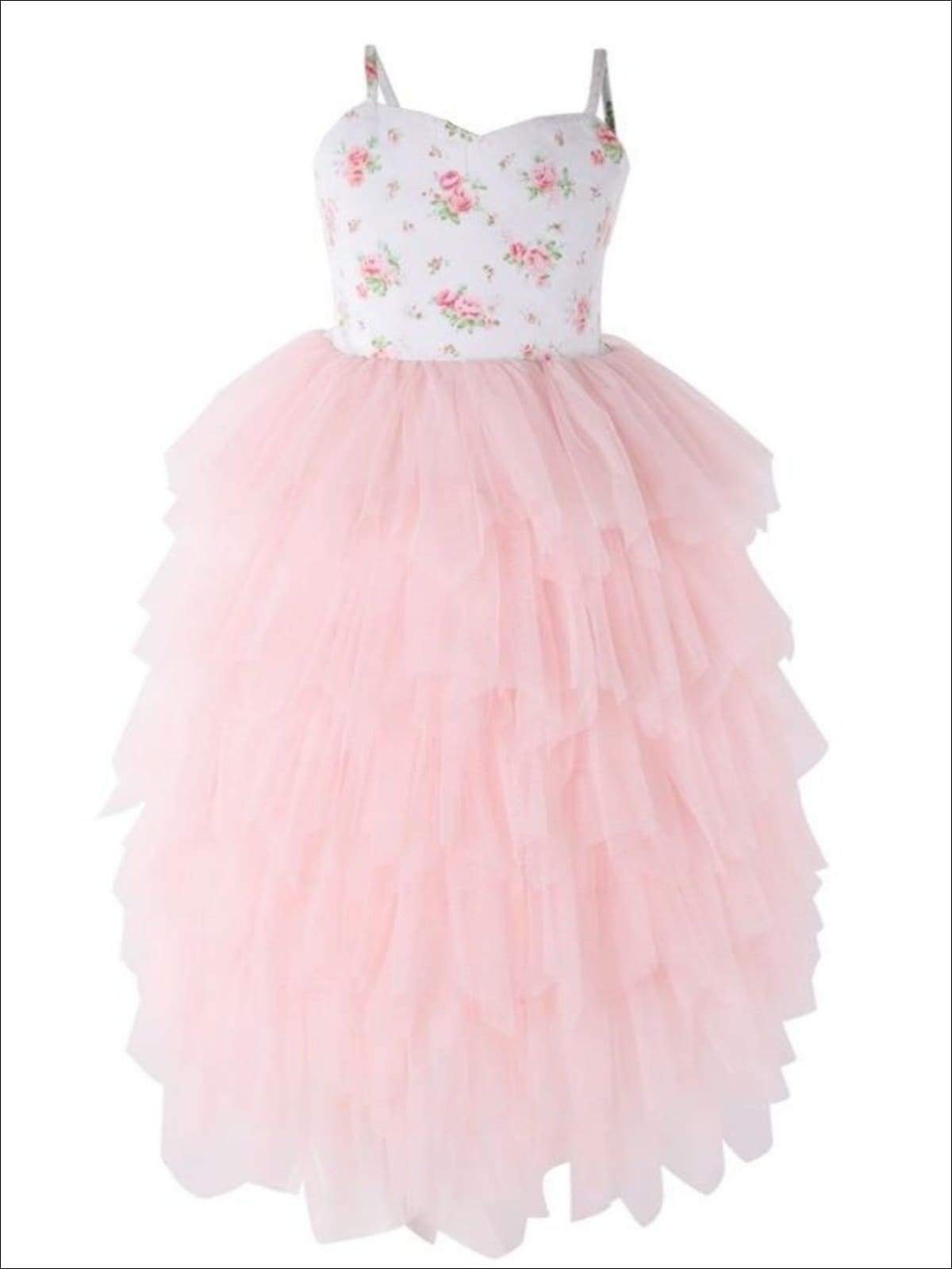 Girls Floral Sleeveless Tiered Tutu Casual Maxi Dress - pink / 12M - Girls Spring Dressy Dress