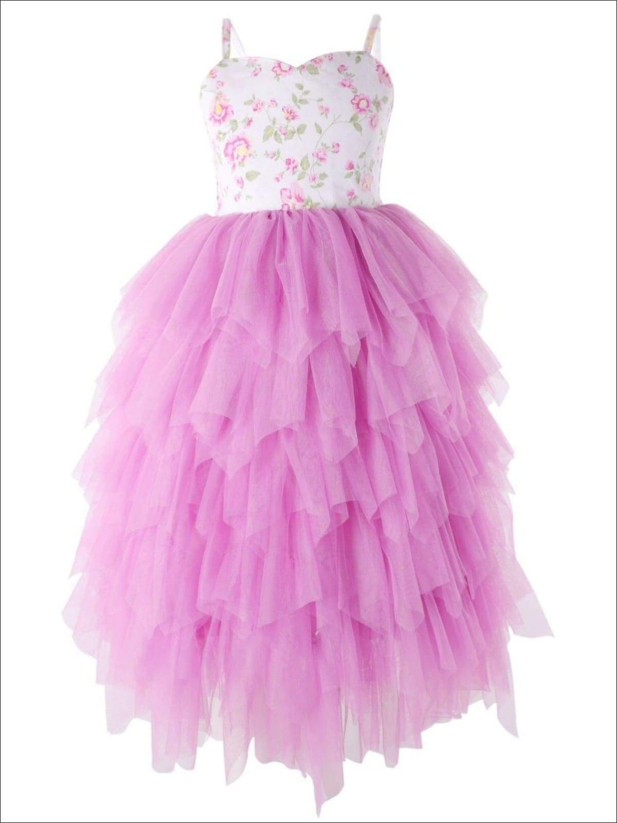 Girls Floral Sleeveless Tiered Tutu Casual Maxi Dress - purple / 12M - Girls Spring Dressy Dress