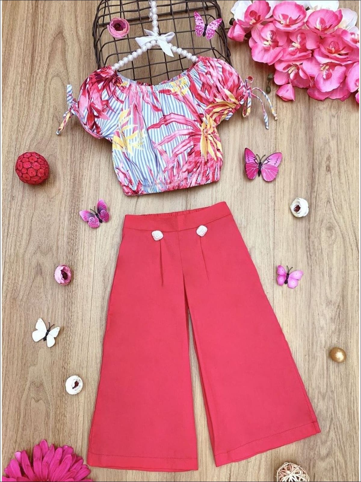 Girls Floral Tie Sleeve Crop Top and Buttoned Palazzo Pants Set - Girls Spring Casual Set