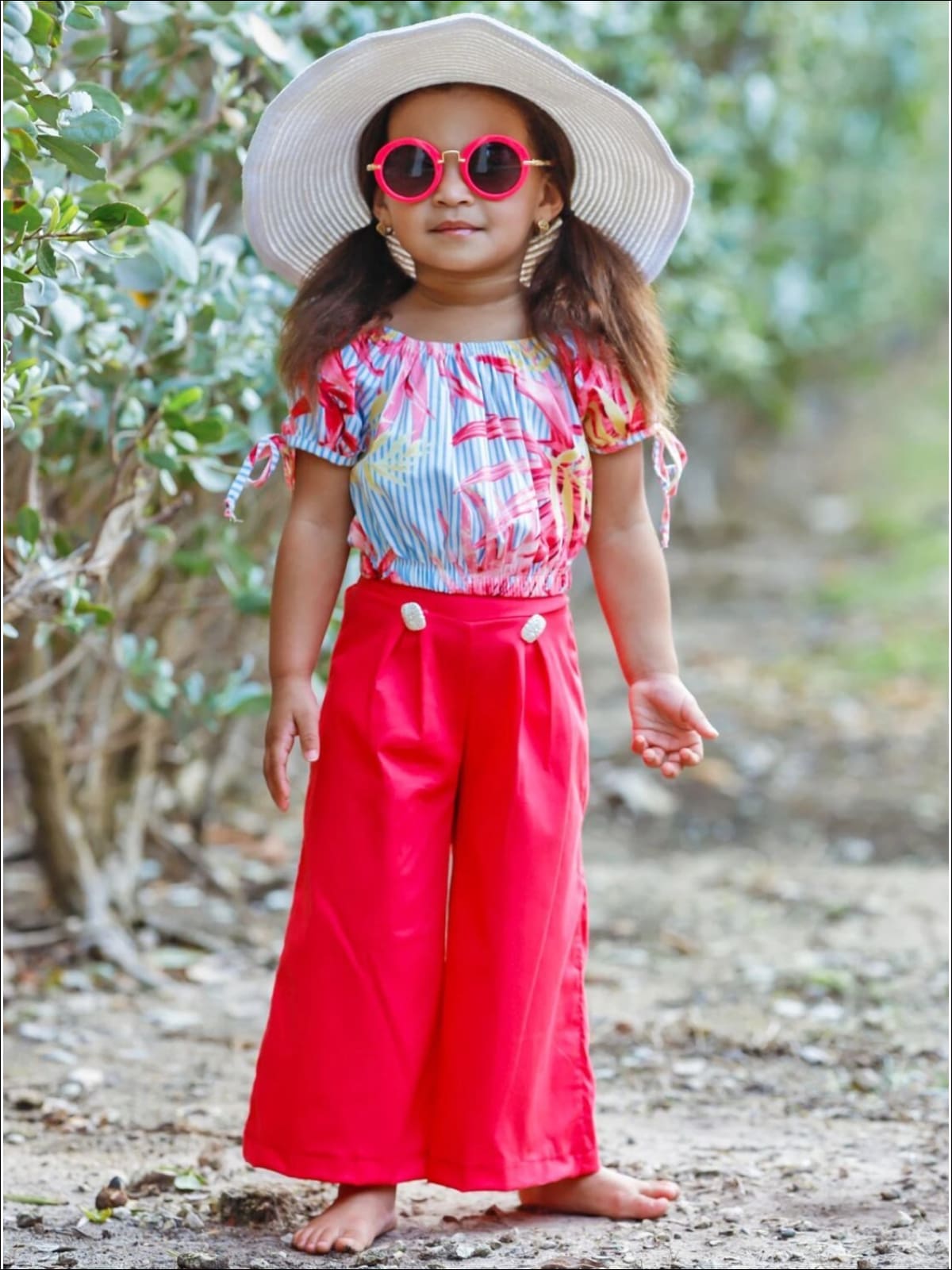 Girls Floral Tie Sleeve Crop Top and Buttoned Palazzo Pants Set - Fuchsia / 2T/3T - Girls Spring Casual Set