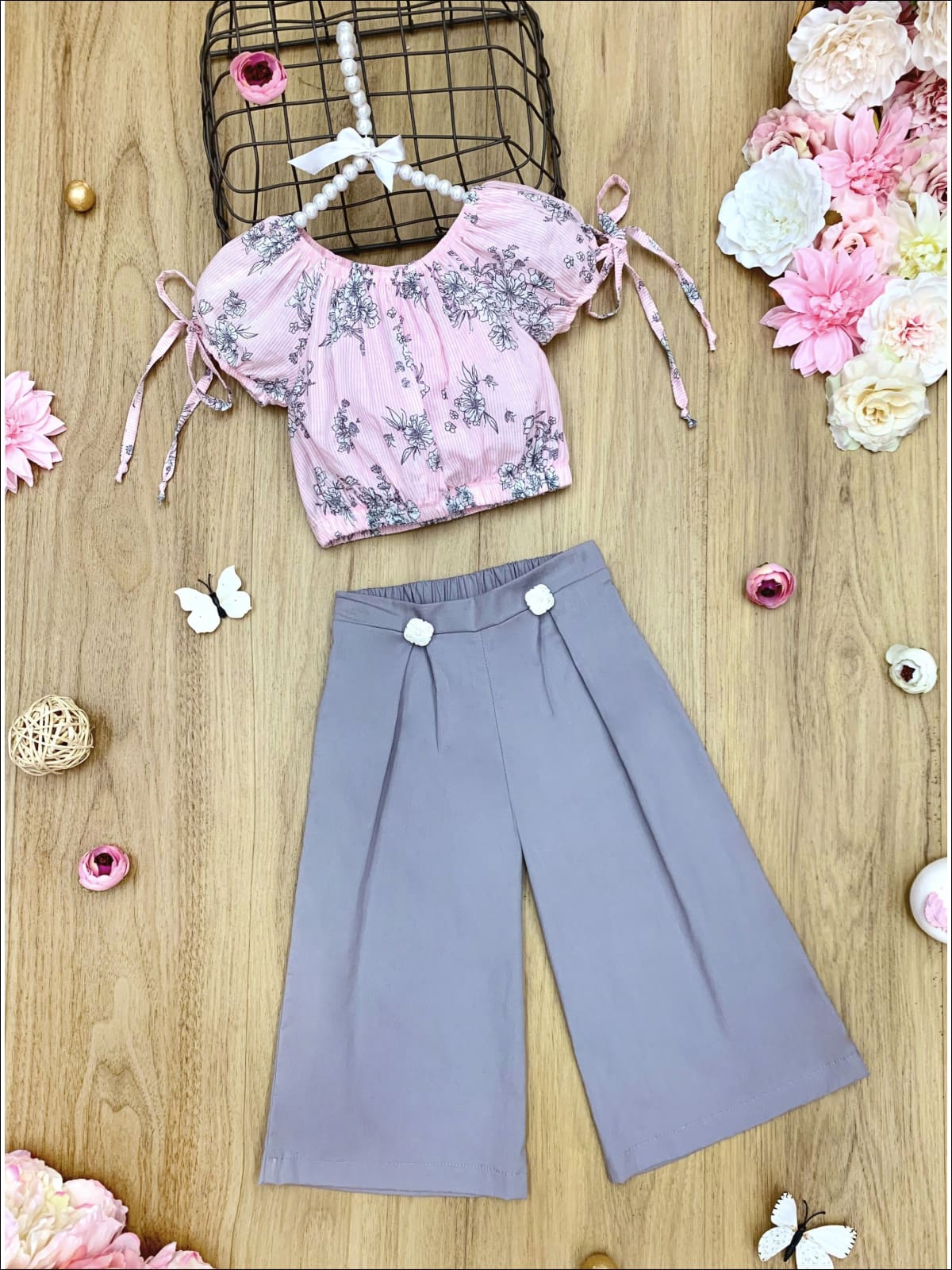 Girls Floral Tie Sleeve Crop Top and Buttoned Palazzo Pants Set - Grey / 2T/3T - Girls Spring Casual Set