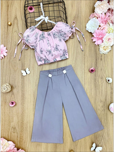 Girls Floral Tie Sleeve Crop Top and Buttoned Palazzo Pants Set - Grey / 2T/3T - Girls Spring Casual Set