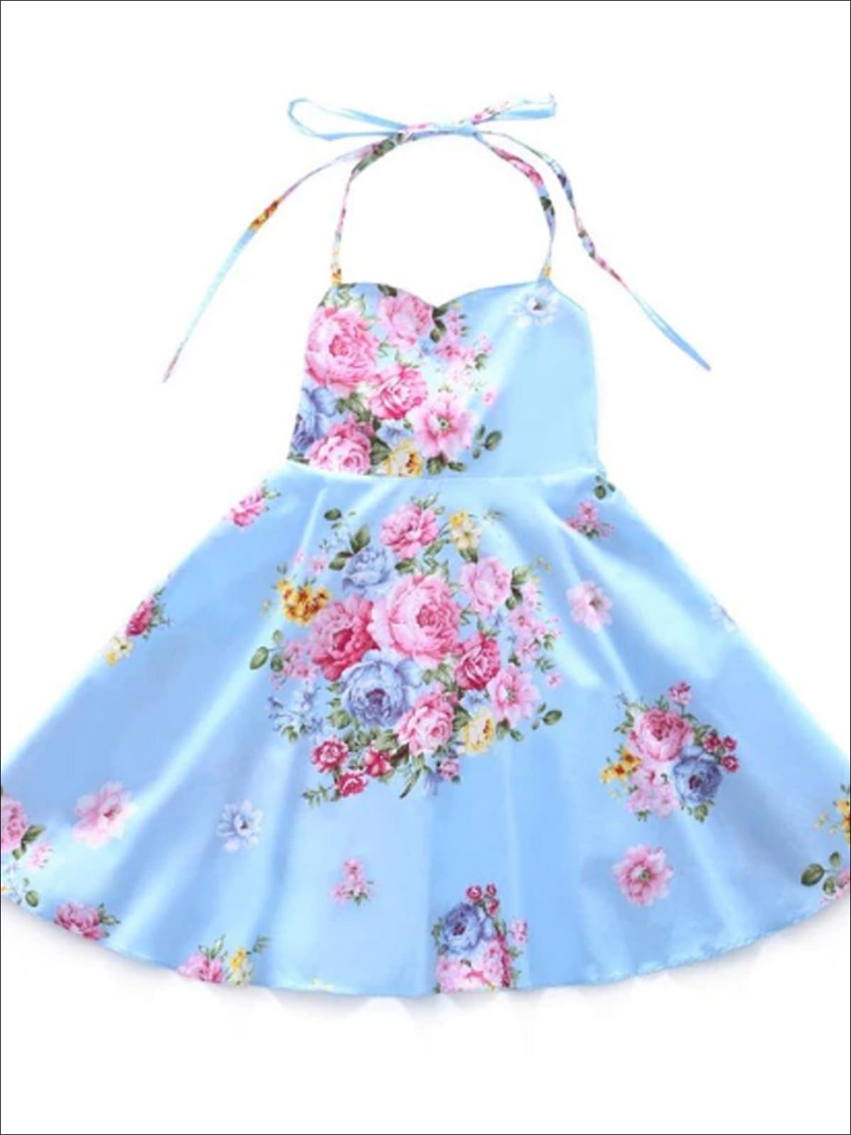 Girls Floral Tie Up A-Line Dress - Blue / 12M - Girls Spring Casual Dress