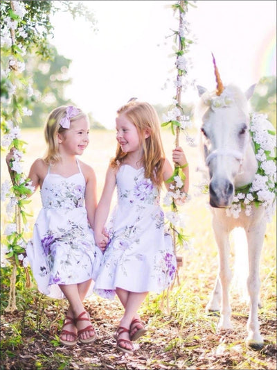 Girls Floral Tie Up A-Line Dress - Lavender / 12M - Girls Spring Casual Dress