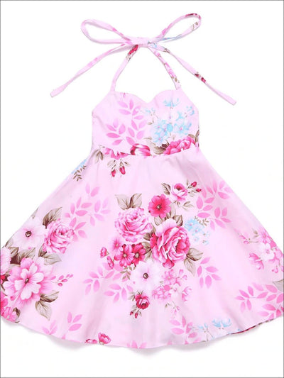 Girls Floral Tie Up A-Line Dress - Pink / 12M - Girls Spring Casual Dress