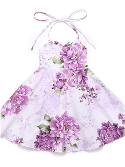 Girls Floral Tie Up A-Line Dress - Purple / 12M - Girls Spring Casual Dress