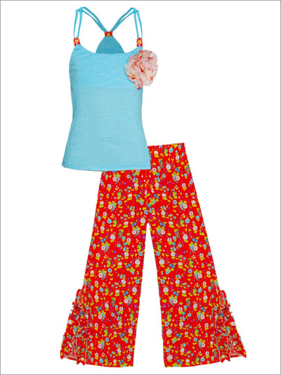Girls Floral Trimmed Racerback Tank & Ruffled Palazzo Pants Set - Coral / 2T/3T - Girls Spring Casual Set
