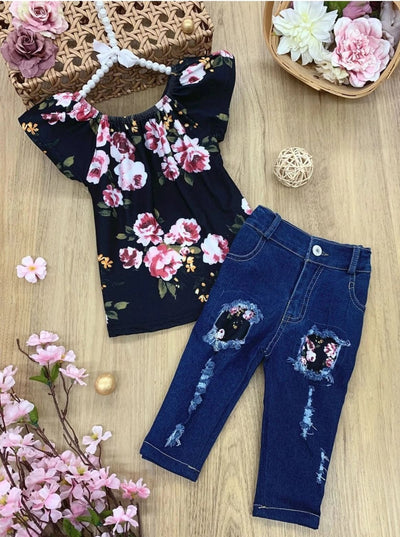 Toddler Spring Outfits | Girls Floral Tunic & Patched Denim Set
