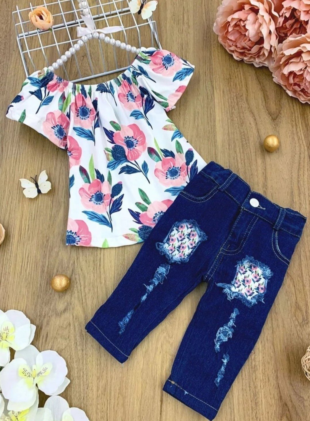 Toddler Spring Outfits | Floral Ruffle Top & Patched Denim Capris Set