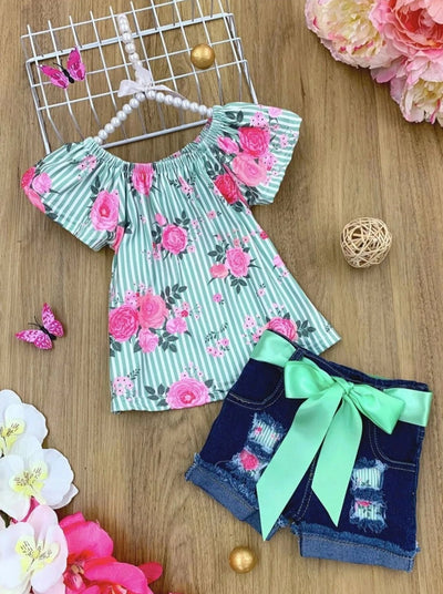Girls Floral Tunic and Sashed Ripped Denim Shorts Set - Green / 2T - Girls Spring Casual Set