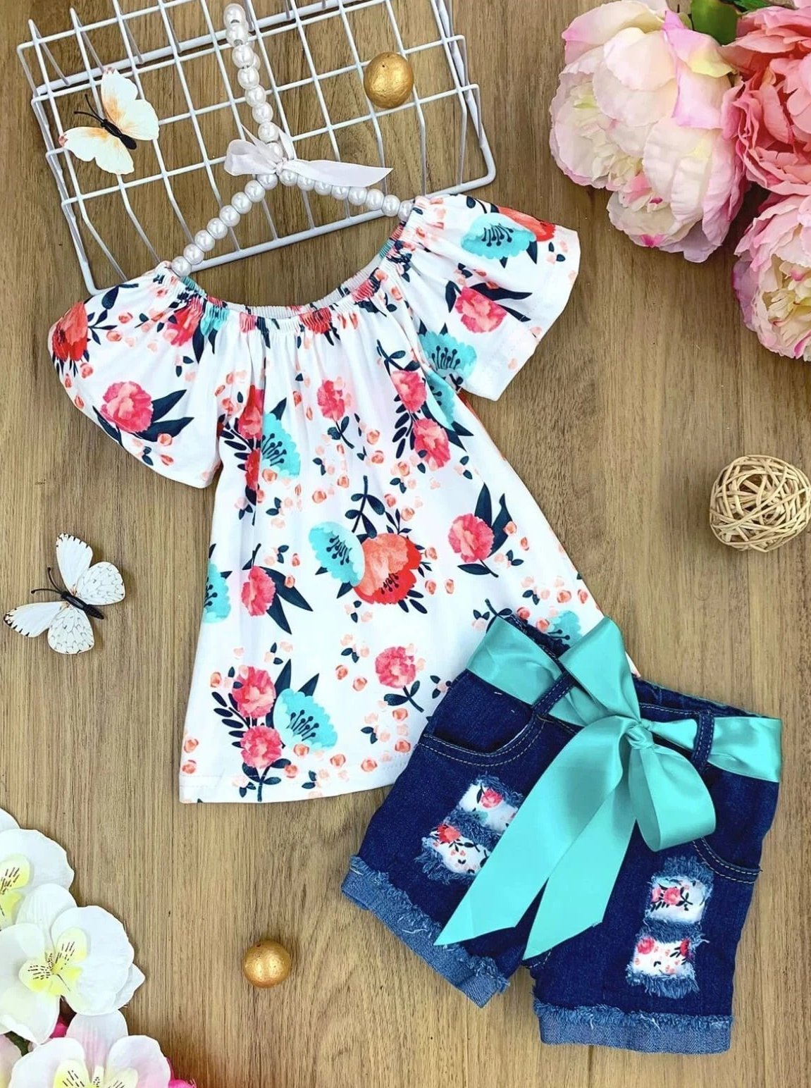 Girls Floral Tunic and Sashed Ripped Denim Shorts Set - Peach / 2T - Girls Spring Casual Set