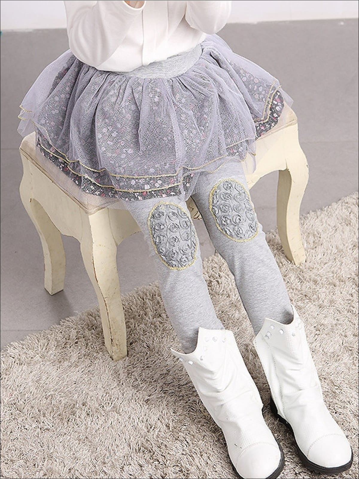 Girls Floral Tutu Skirt Leggings - Grey / 24M - Girls Leggings