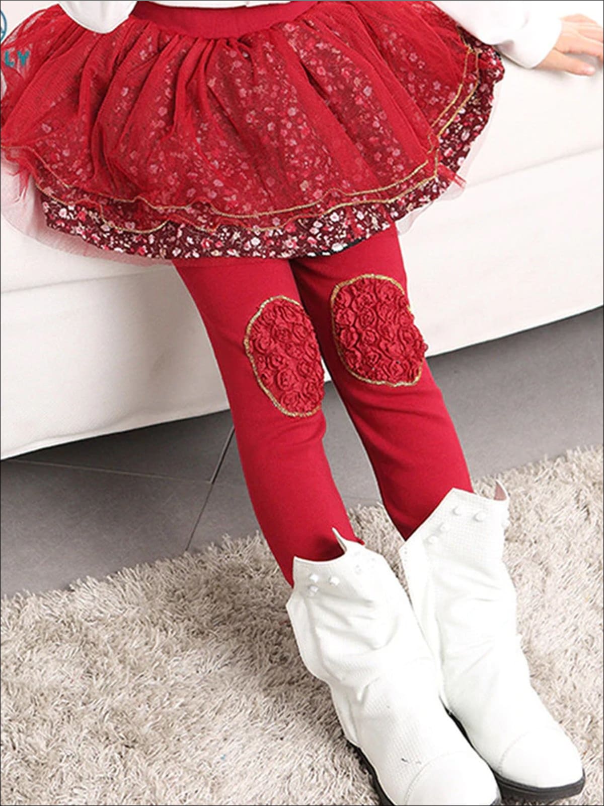 Girls Floral Tutu Skirt Leggings - Red / 24M - Girls Leggings