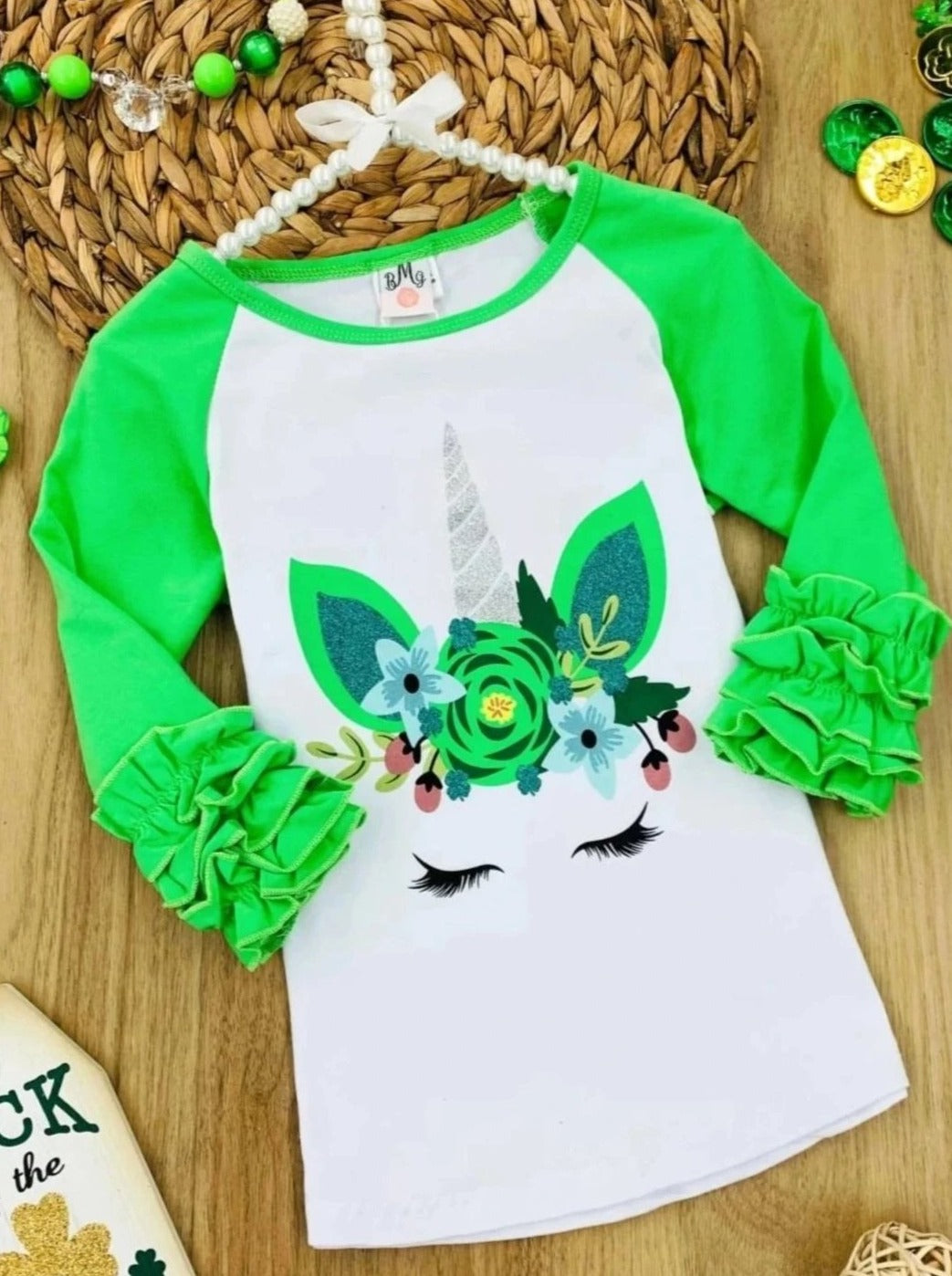 St. Patrick's Day Clothes |  Little Girls Unicorn Ruffled Raglan Top