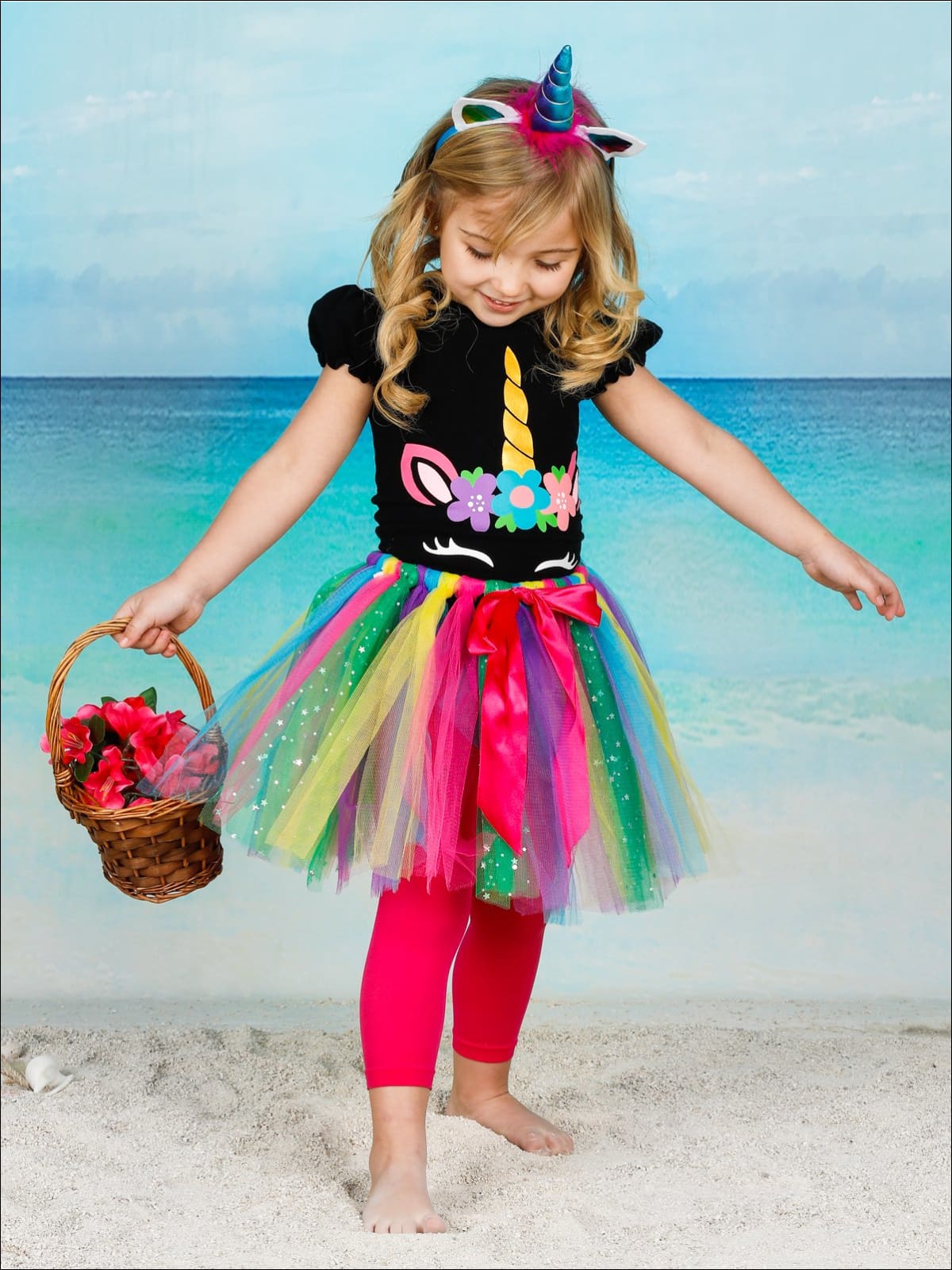 Girls Floral Unicorn Top & Rainbow Sequin Bow Tutu Skirt Set - Girls Spring Casual Set