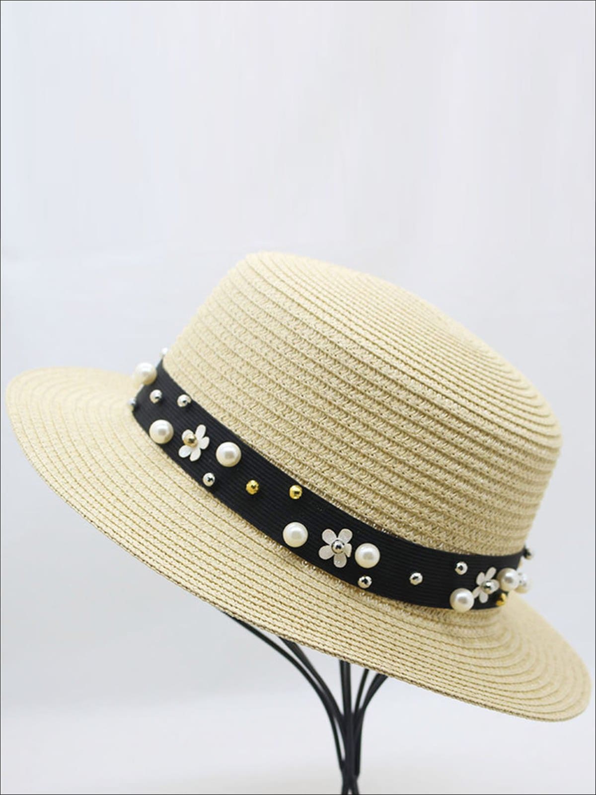 Girls Flower and Pearl Embellished Straw Hat - Beige / One Size - Girls Hats