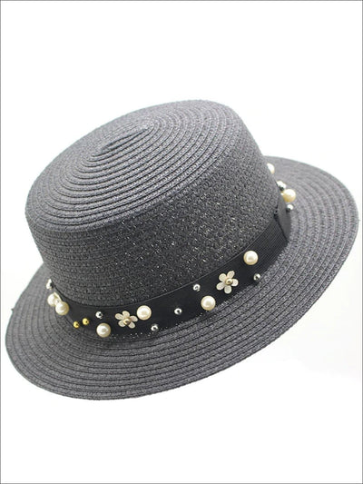 Girls Flower and Pearl Embellished Straw Hat - Black / One Size - Girls Hats