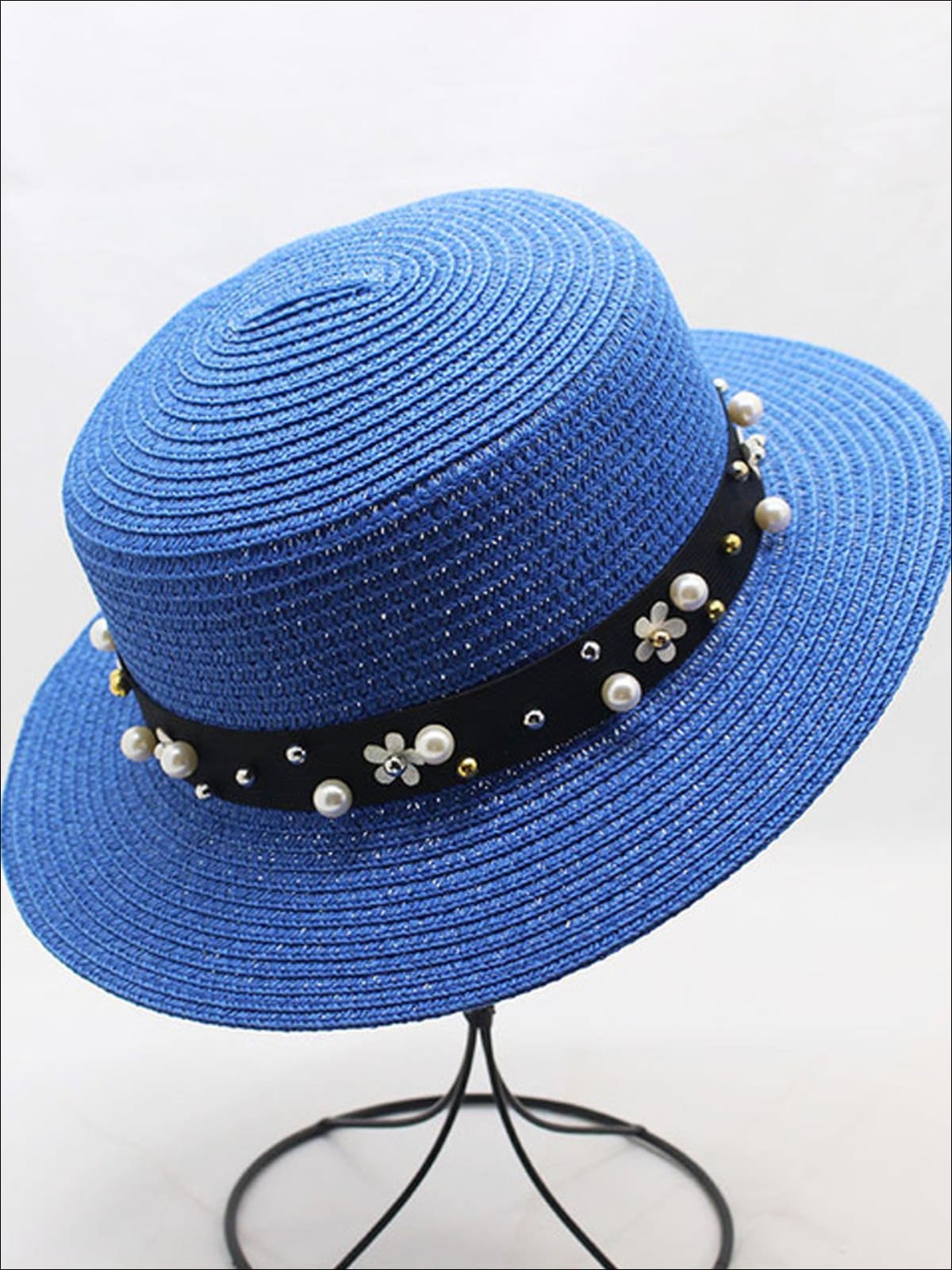 Girls Flower and Pearl Embellished Straw Hat - Blue / One Size - Girls Hats