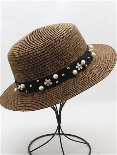 Girls Flower and Pearl Embellished Straw Hat - Brown / One Size - Girls Hats