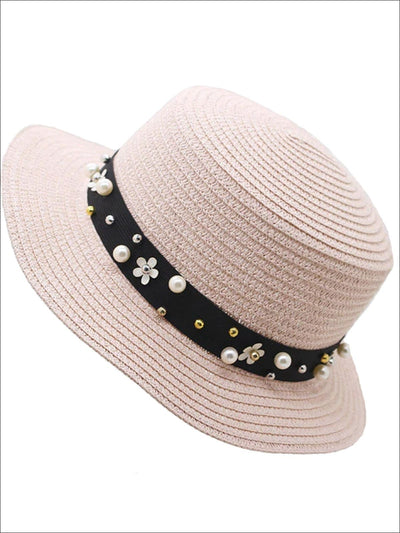 Girls Flower and Pearl Embellished Straw Hat - Dusty Pink / One Size - Girls Hats