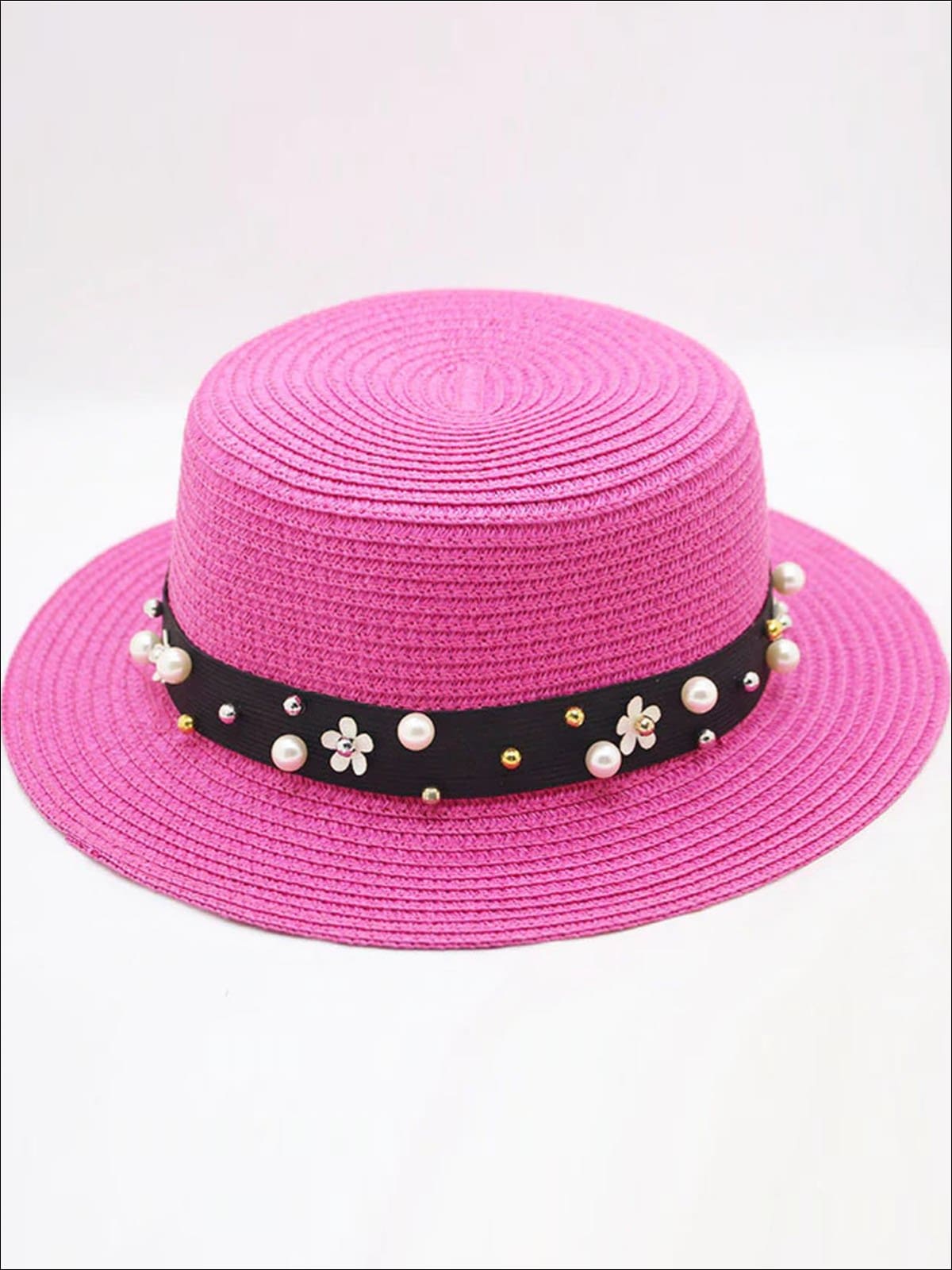 Girls Flower and Pearl Embellished Straw Hat - Hot Pink / One Size - Girls Hats