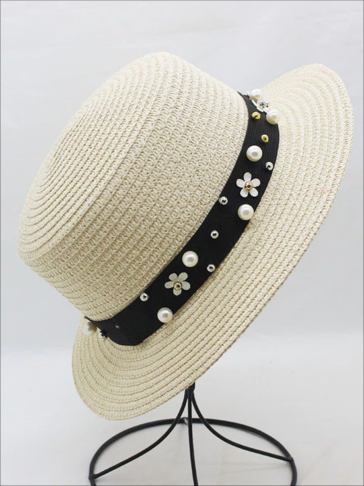 Girls Flower and Pearl Embellished Straw Hat - Ivory / One Size - Girls Hats