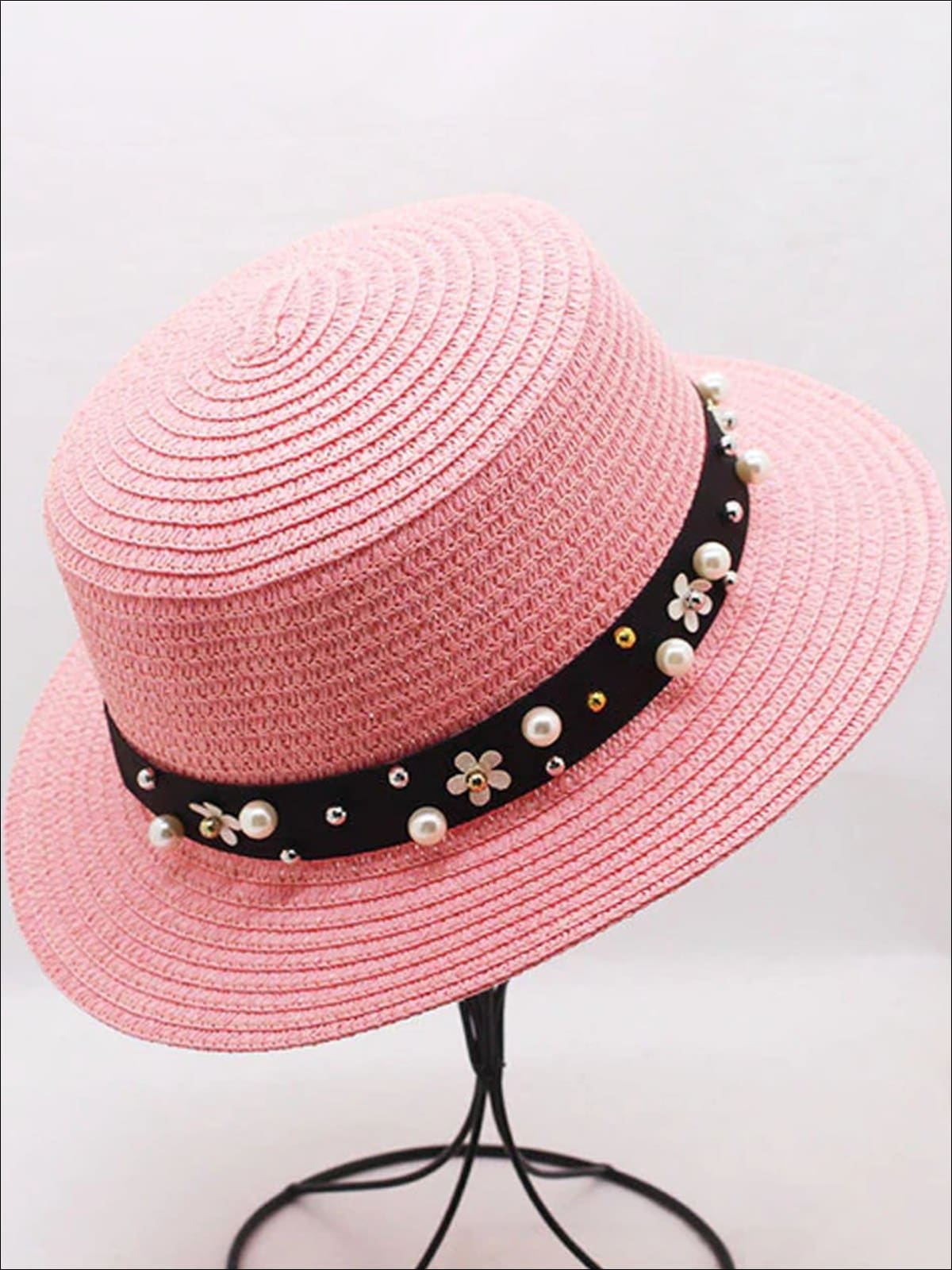 Girls Flower and Pearl Embellished Straw Hat - Peach / One Size - Girls Hats