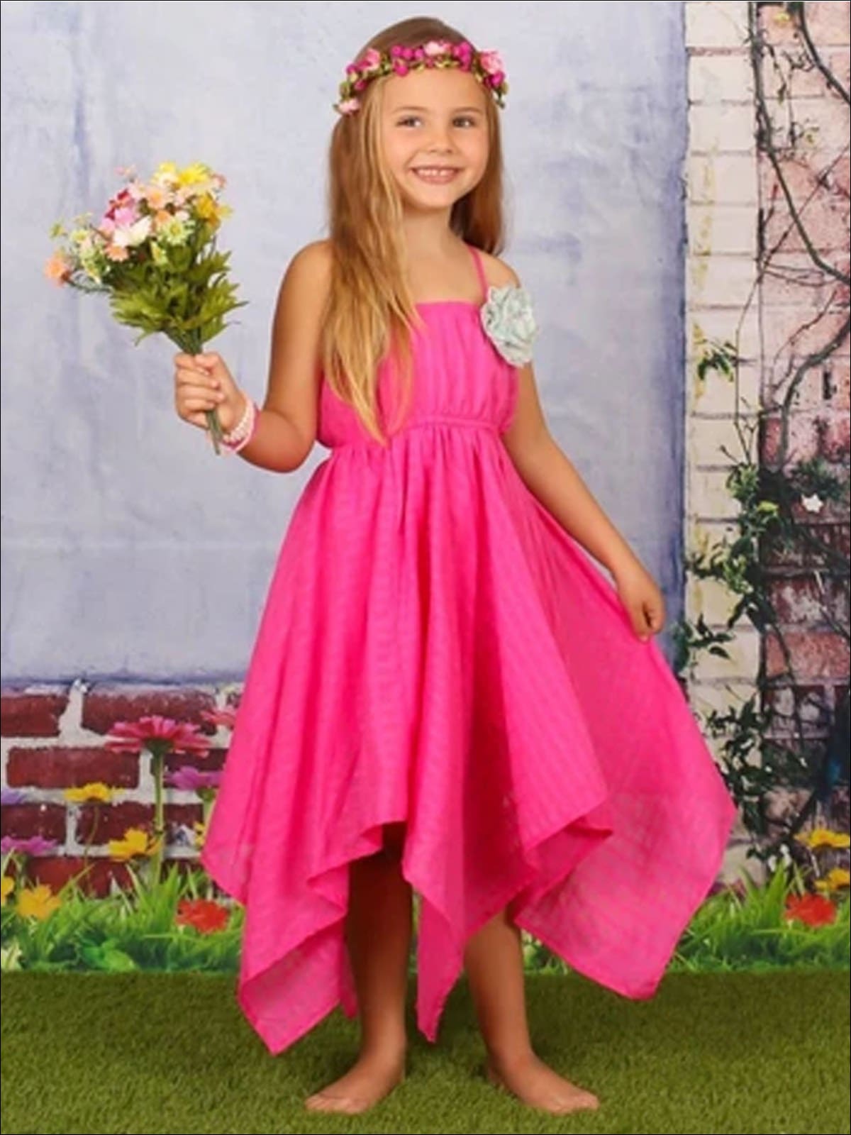 Girls Flower Applique Hankerchief Dress - Girls Spring Casual Dress