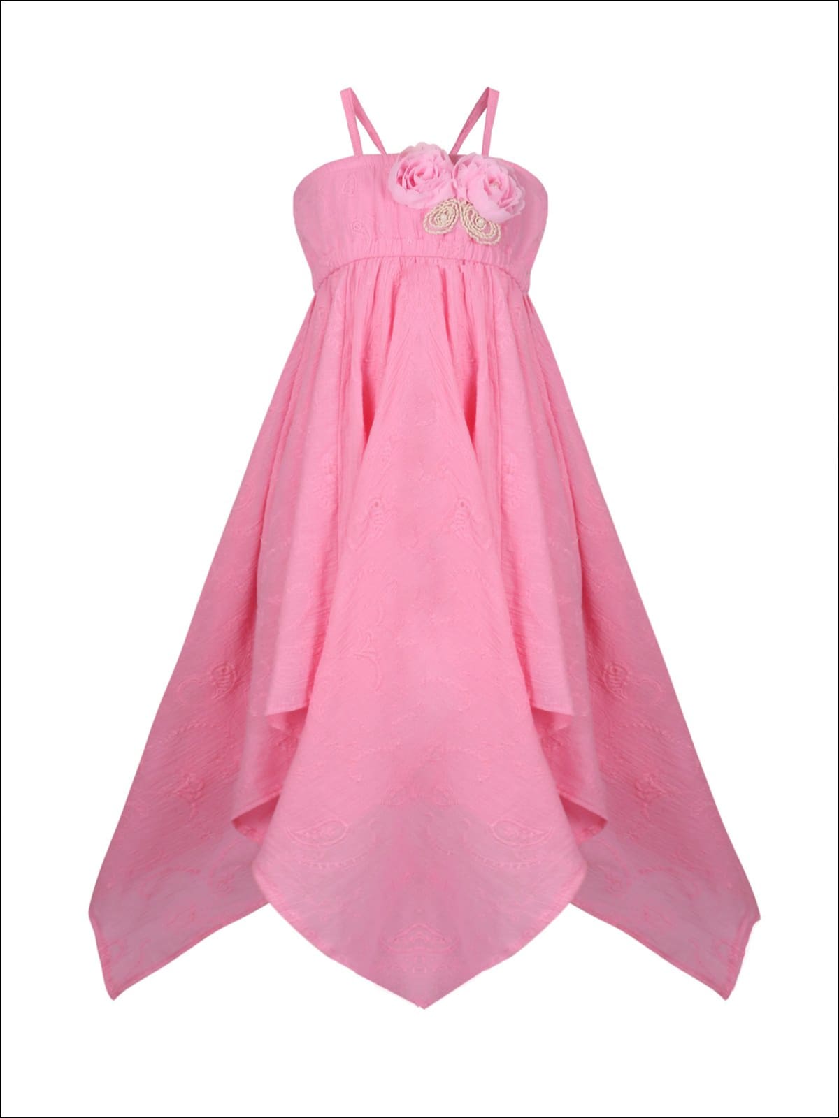 Girls Flower Applique Hankerchief Dress - Pink / 2T/3T - Girls Spring Casual Dress