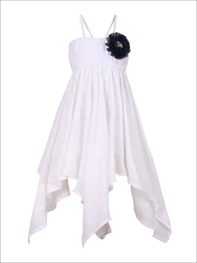 Girls Flower Applique Hankerchief Dress - White / 2T/3T - Girls Spring Casual Dress