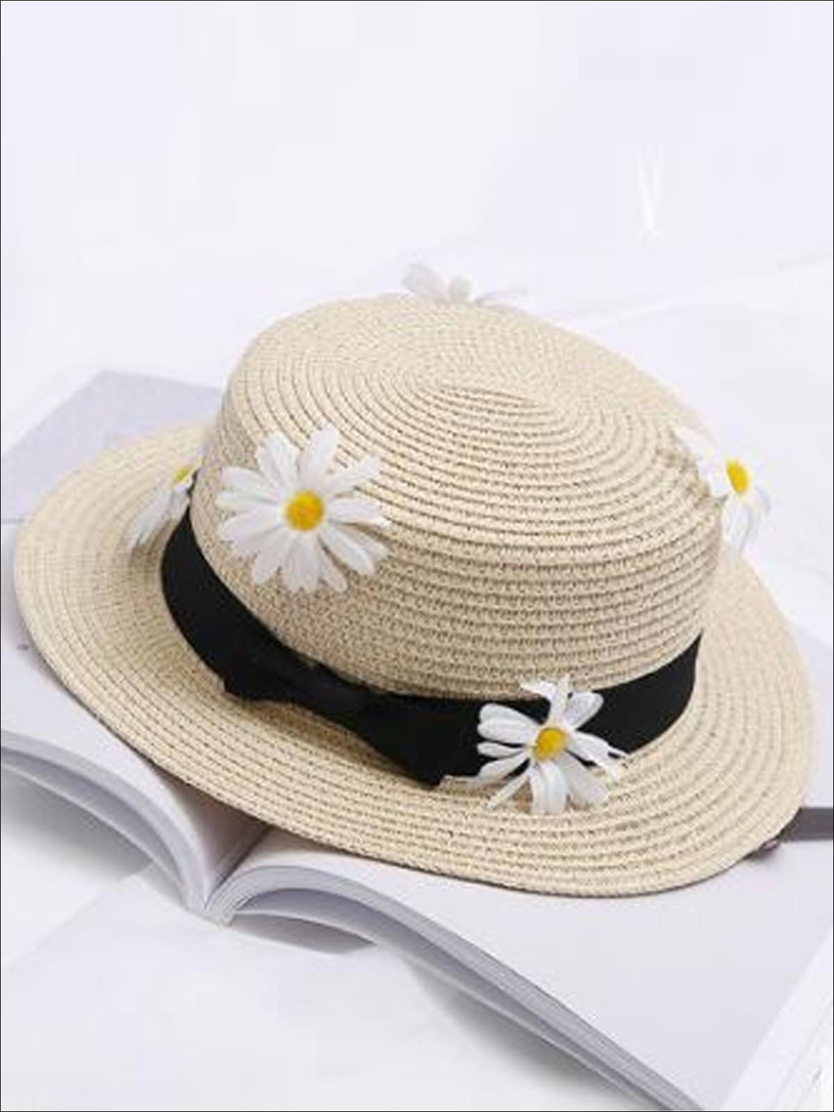 Girls Flower Embellished Bow Tie Straw Hat - Beige / One Size - Girls Hats