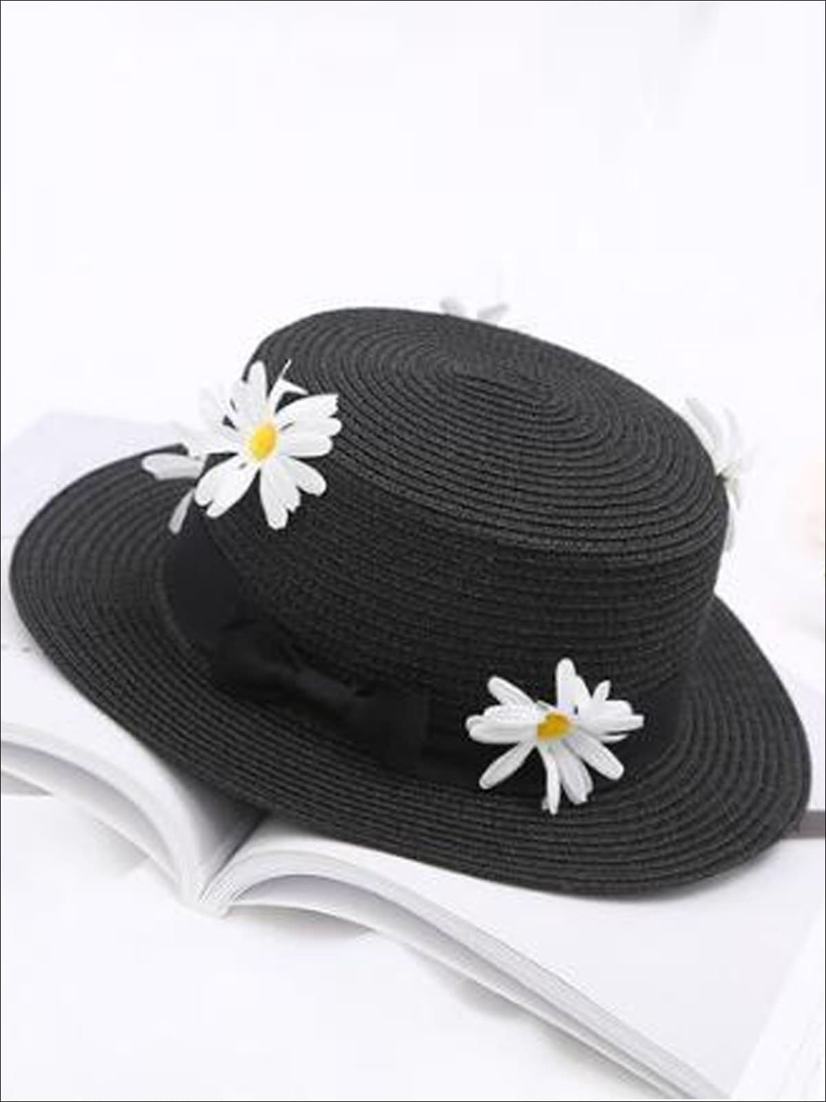 Girls Flower Embellished Bow Tie Straw Hat - Black / One Size - Girls Hats