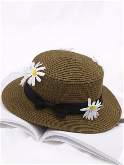 Girls Flower Embellished Bow Tie Straw Hat - Brown / One Size - Girls Hats