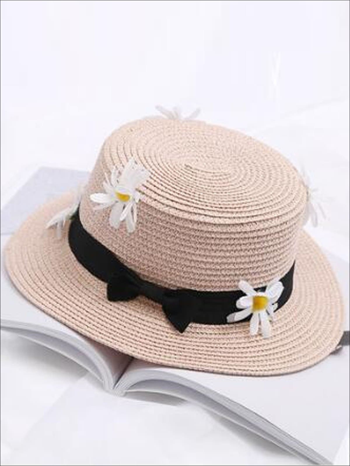 Girls Flower Embellished Bow Tie Straw Hat - Dusty Pink / One Size - Girls Hats