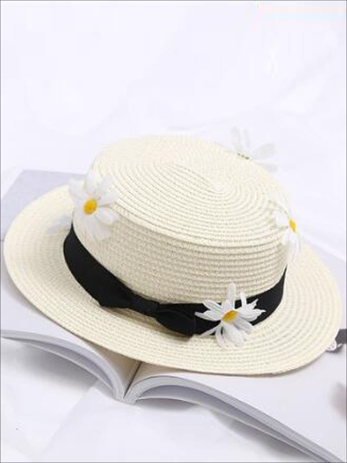 Girls Flower Embellished Bow Tie Straw Hat - Ivory / One Size - Girls Hats