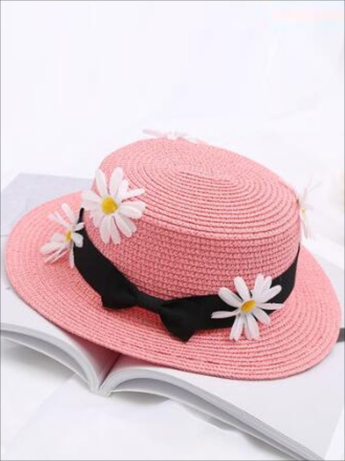 Girls Flower Embellished Bow Tie Straw Hat - Pink / One Size - Girls Hats