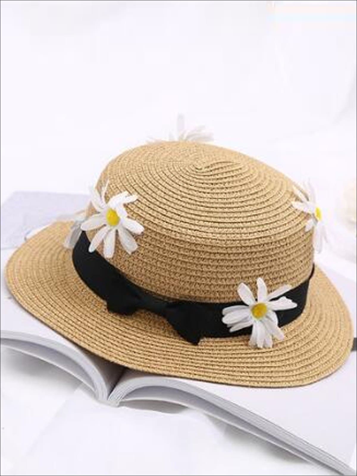 Girls Flower Embellished Bow Tie Straw Hat - Tan / One Size - Girls Hats
