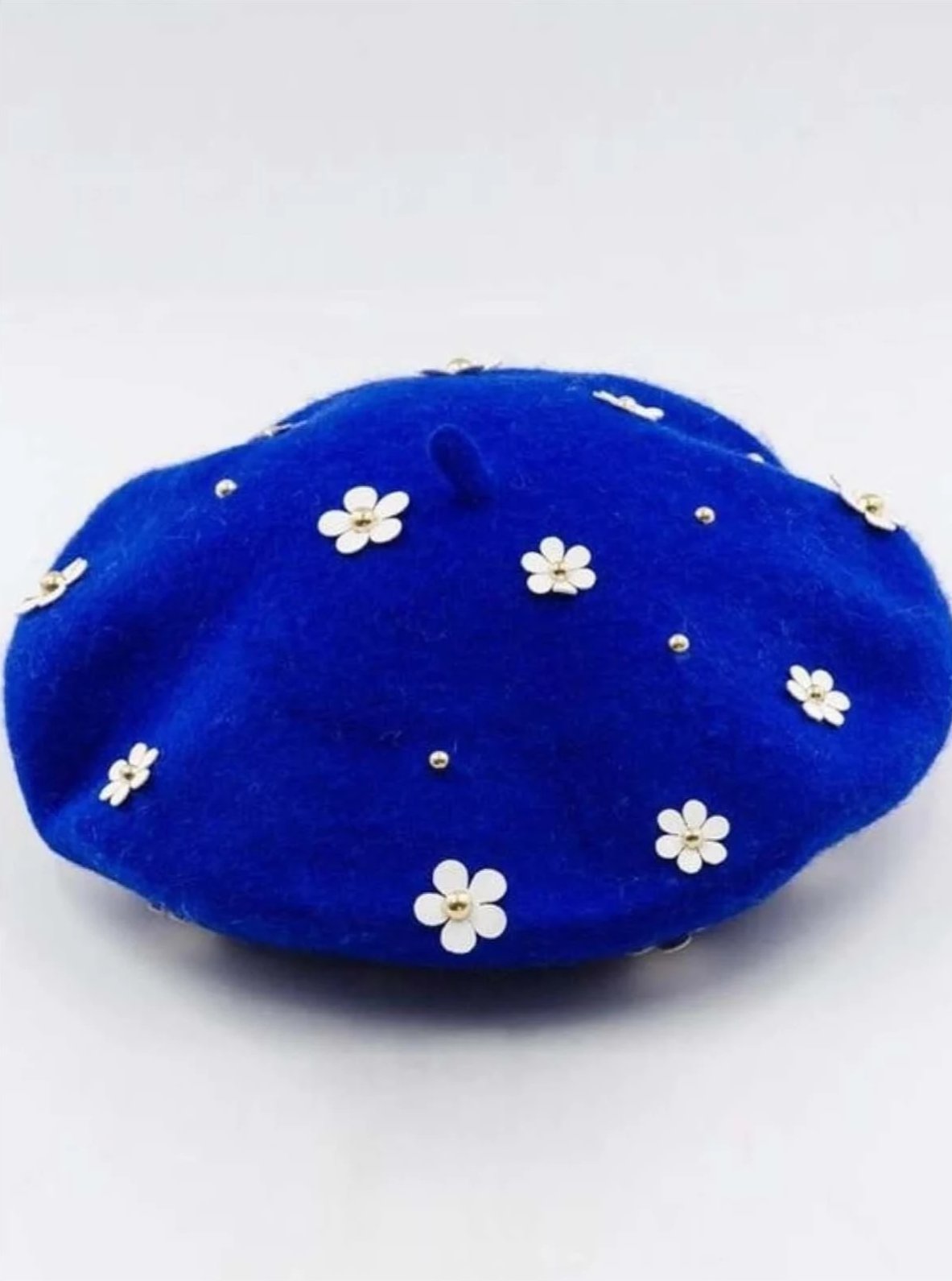 Girls Flower Embellished Parisian Style Wool Beret - Royal Blue - Girls Berets