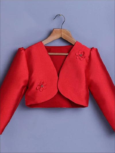 Girls Flower Embellished Satin Bolero - Red / 3T - Girls Jacket